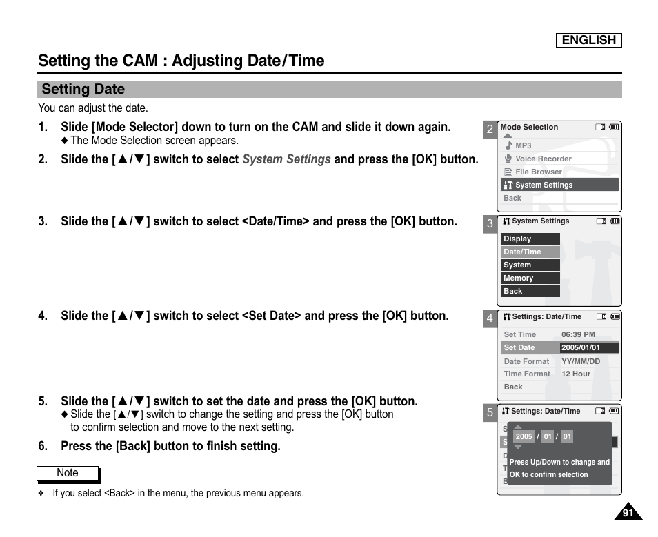 Setting date, Setting the cam : adjusting date/time, Press the [back] button to finish setting | Samsung SC-X105L-XAA User Manual | Page 95 / 144