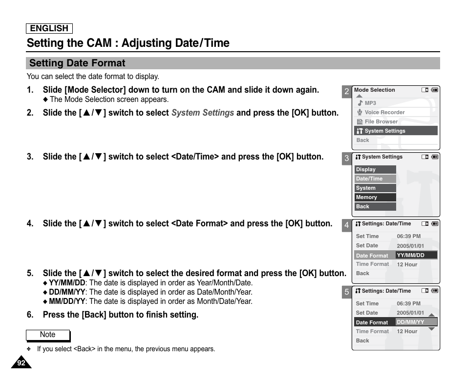 Setting date format, Setting the cam : adjusting date/time, Press the [back] button to finish setting | Samsung SC-X105L-XAA User Manual | Page 96 / 144