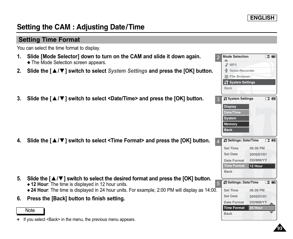 Setting time format, Setting the cam : adjusting date/time, Press the [back] button to finish setting | Samsung SC-X105L-XAA User Manual | Page 97 / 144