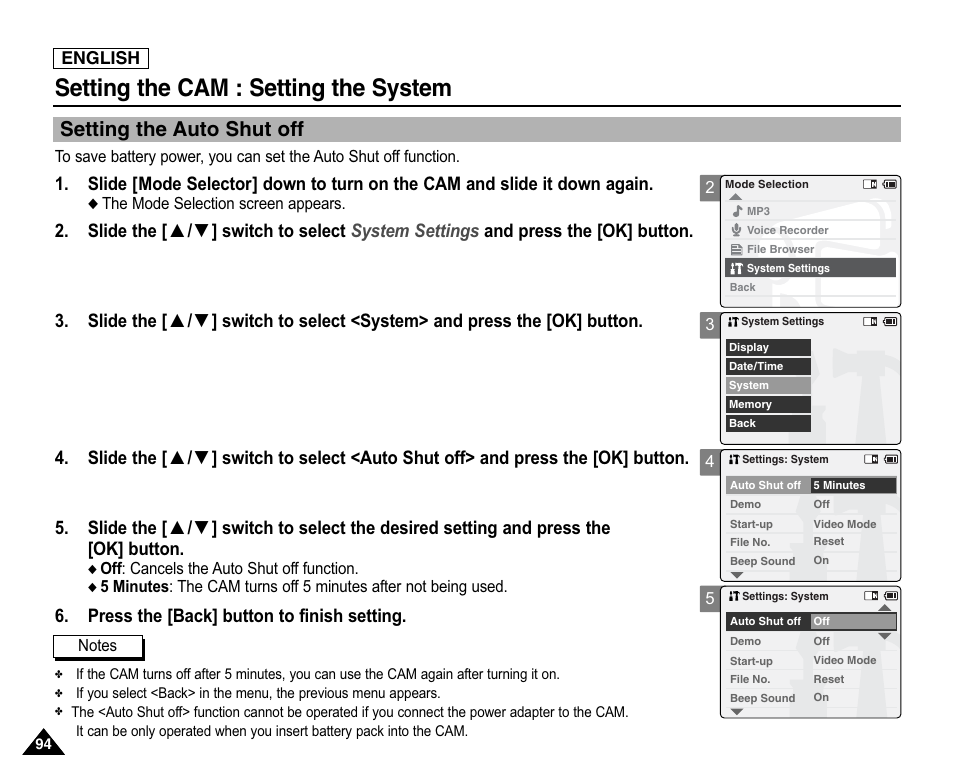 Setting the system, Setting the auto shut off, Setting the cam : setting the system | Press the [back] button to finish setting | Samsung SC-X105L-XAA User Manual | Page 98 / 144