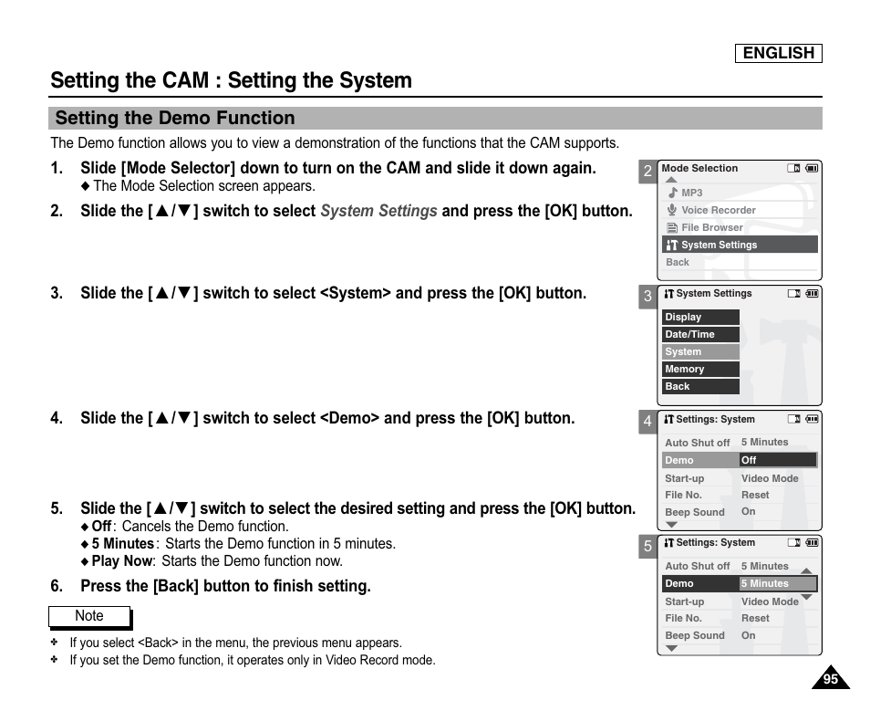 Setting the demo function, Setting the cam : setting the system, Press the [back] button to finish setting | Samsung SC-X105L-XAA User Manual | Page 99 / 144