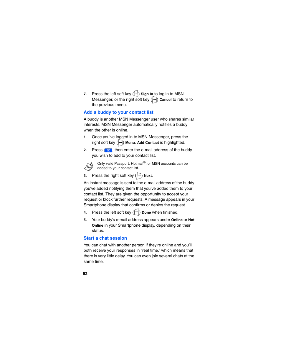 Add a buddy to your contact list, Start a chat session | Samsung SCH-I600MSAXAR User Manual | Page 100 / 132