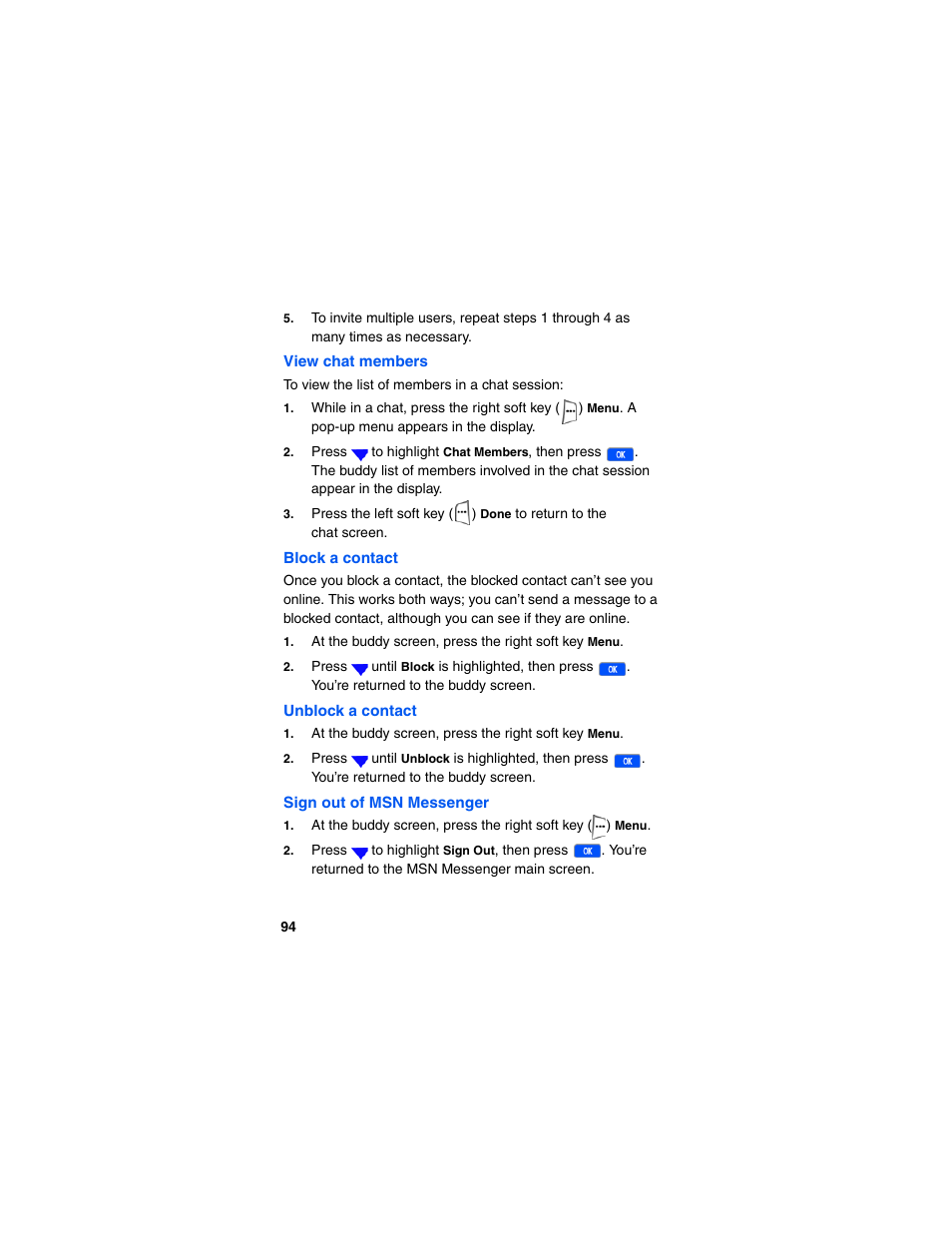 View chat members, Block a contact, Unblock a contact | Sign out of msn messenger | Samsung SCH-I600MSAXAR User Manual | Page 102 / 132