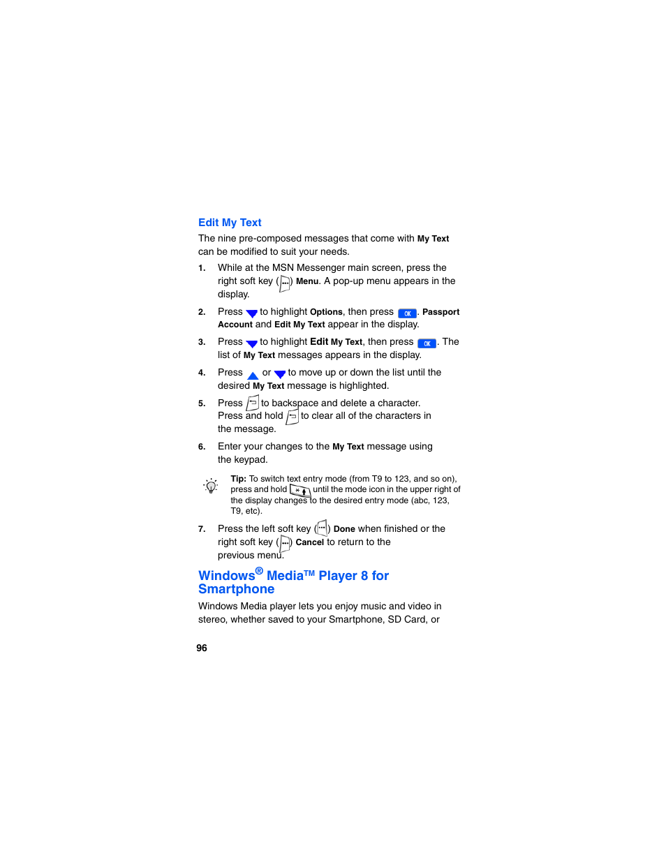Edit my text, Windows, Media | Player 8 for smartphone | Samsung SCH-I600MSAXAR User Manual | Page 104 / 132