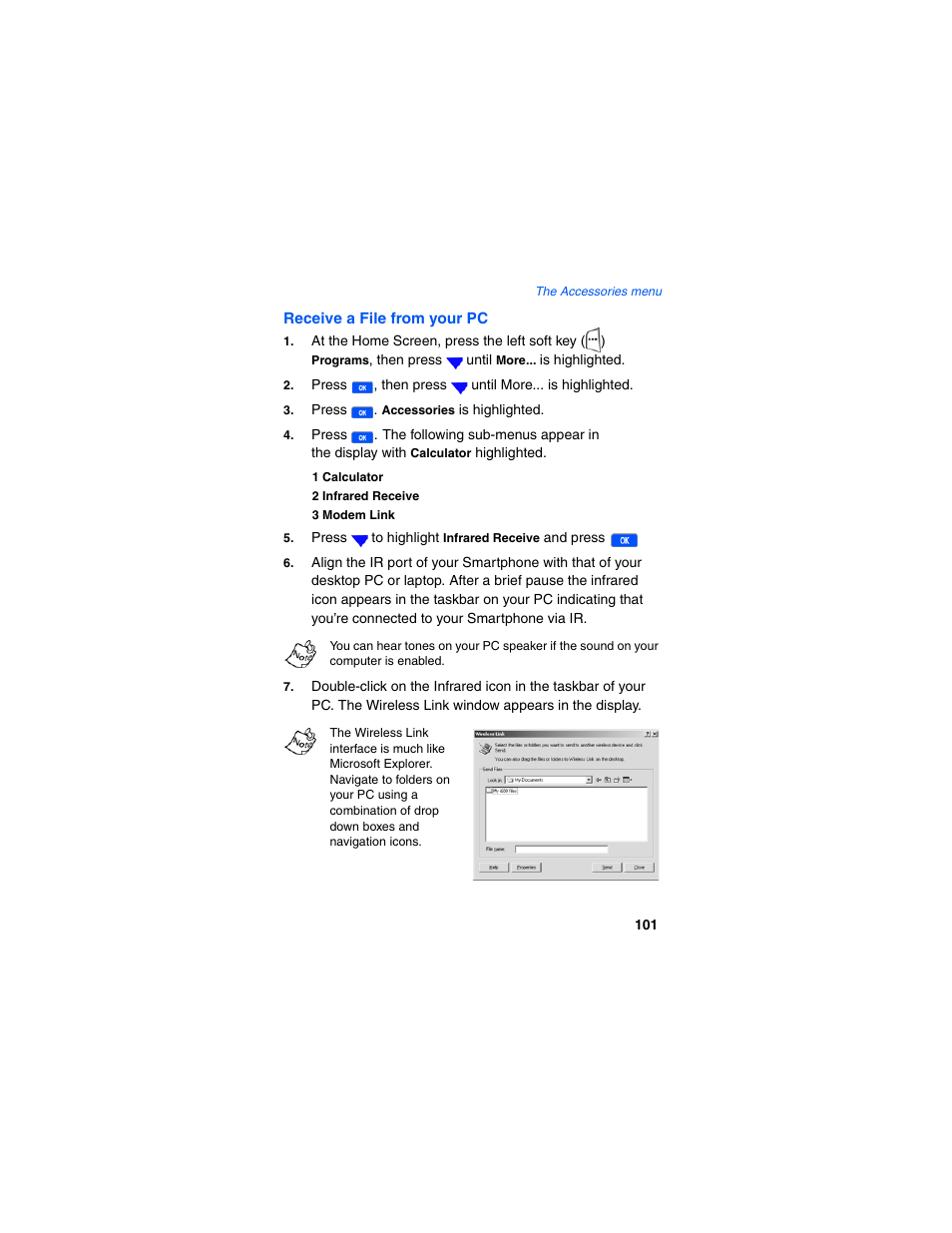 Receive a file from your pc, 1 calculator, 2 infrared receive | 3 modem link | Samsung SCH-I600MSAXAR User Manual | Page 109 / 132