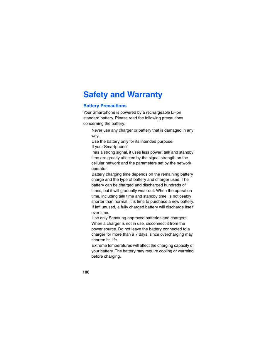 Safety and warranty, Battery precautions | Samsung SCH-I600MSAXAR User Manual | Page 114 / 132