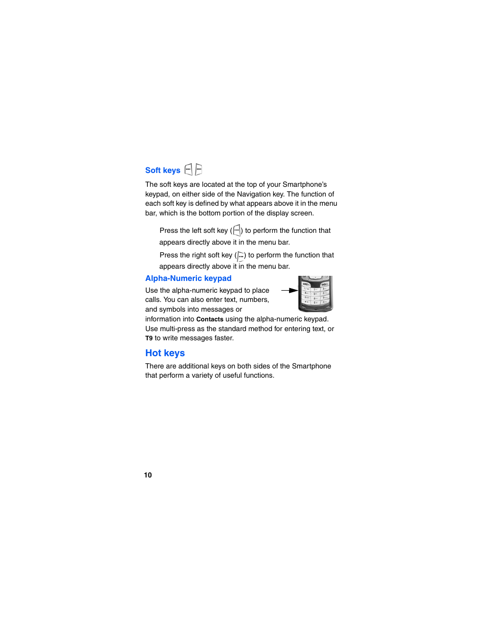 Soft keys, Alpha-numeric keypad, Hot keys | Samsung SCH-I600MSAXAR User Manual | Page 18 / 132