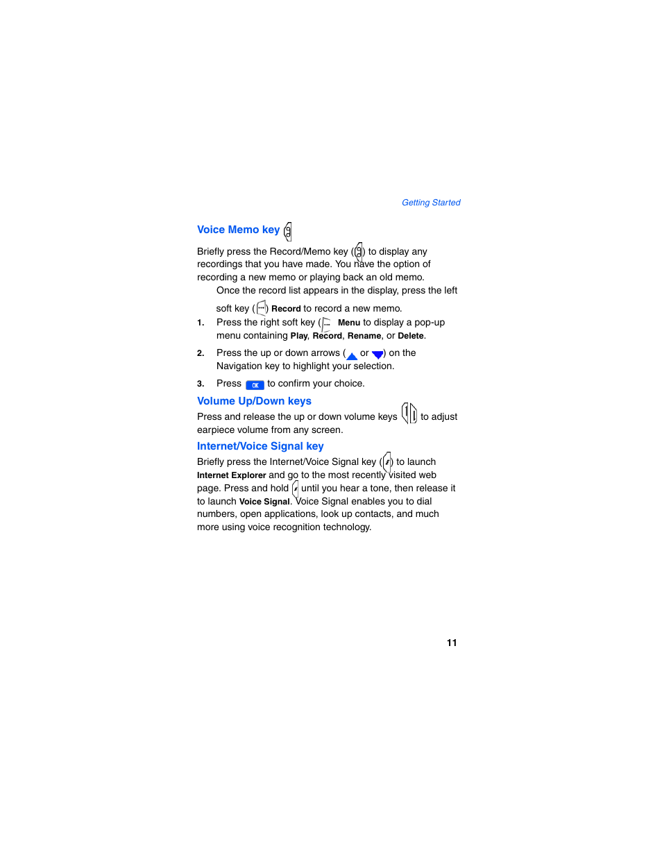 Voice memo key, Volume up/down keys, Internet/voice signal key | Samsung SCH-I600MSAXAR User Manual | Page 19 / 132