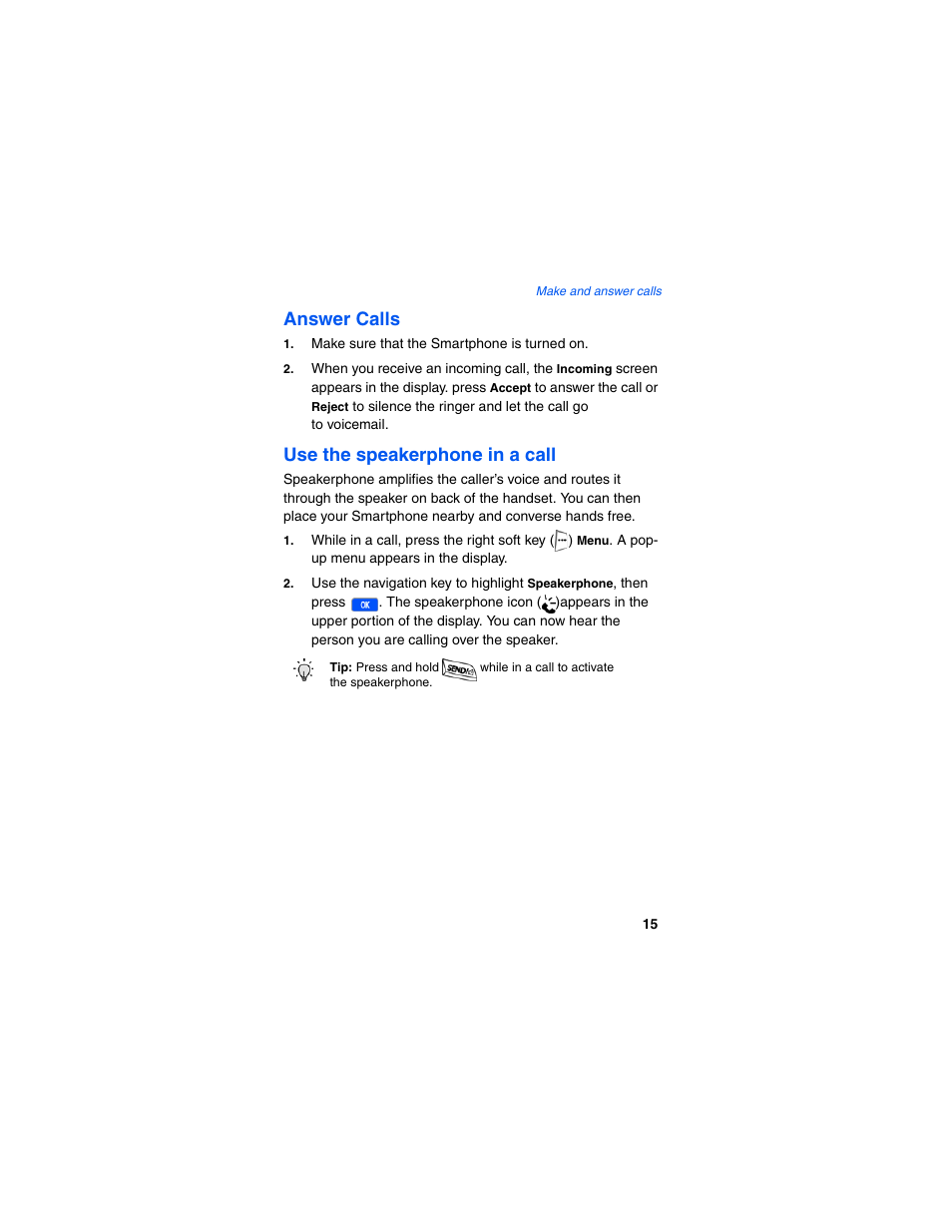 Answer calls, Use the speakerphone in a call | Samsung SCH-I600MSAXAR User Manual | Page 23 / 132