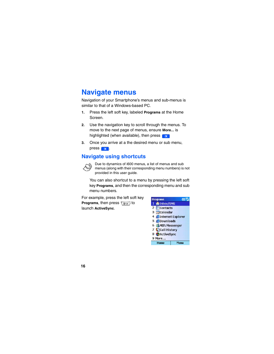 Navigate menus, Navigate using shortcuts | Samsung SCH-I600MSAXAR User Manual | Page 24 / 132