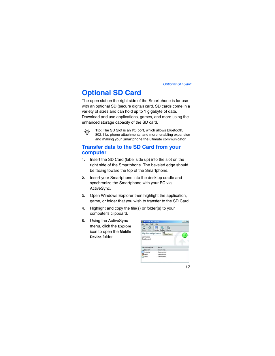 Optional sd card, Transfer data to the sd card from your computer | Samsung SCH-I600MSAXAR User Manual | Page 25 / 132