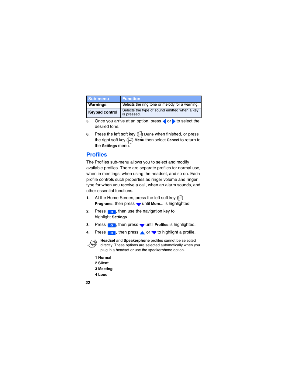 1 normal, 2 silent, 3 meeting | 4 loud, Profiles | Samsung SCH-I600MSAXAR User Manual | Page 30 / 132