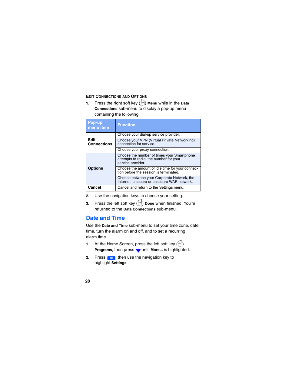Edit connections and options, Date and time | Samsung SCH-I600MSAXAR User Manual | Page 36 / 132