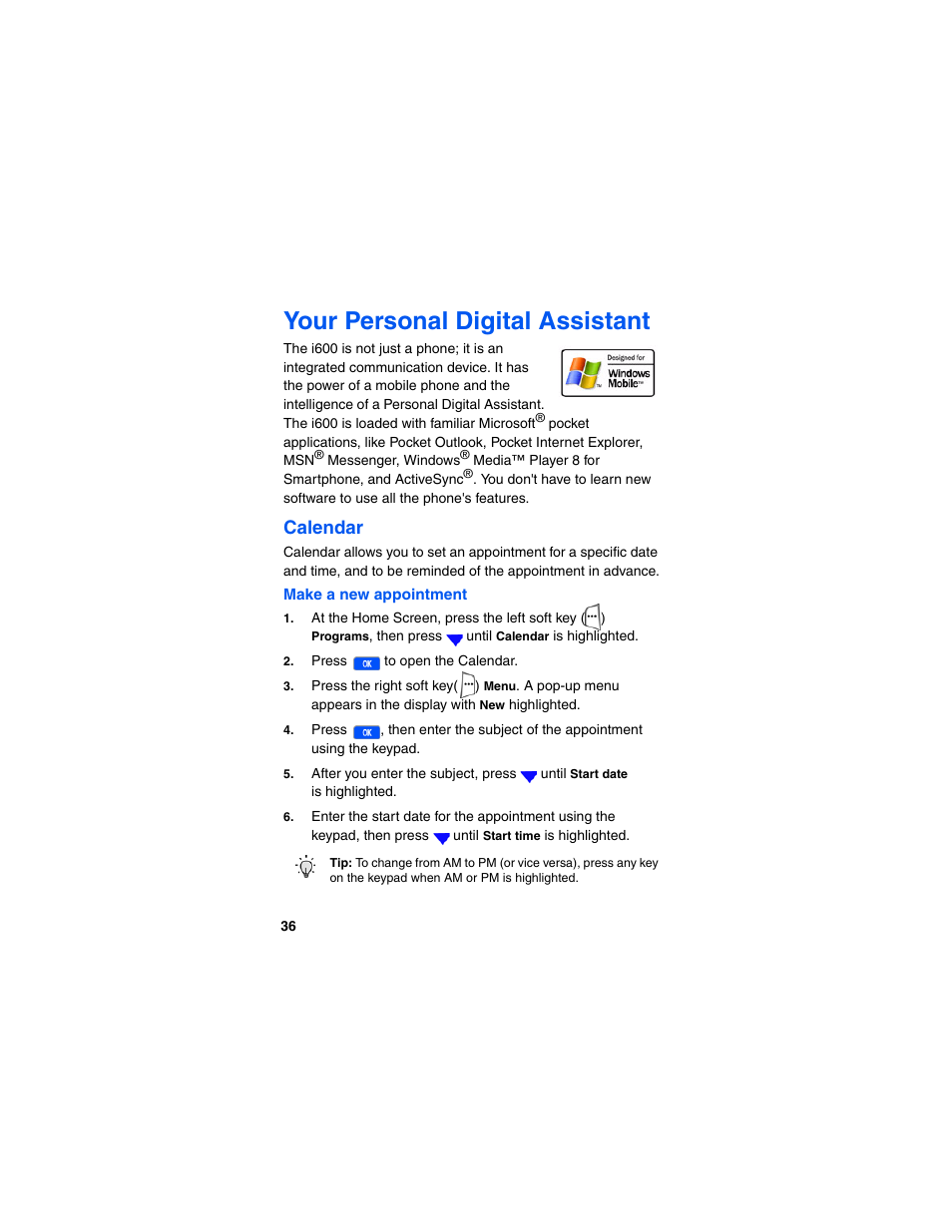 Make a new appointment, Your personal digital assistant, Calendar | Samsung SCH-I600MSAXAR User Manual | Page 44 / 132