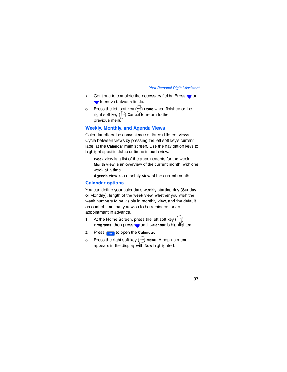 Weekly, monthly, and agenda views, Calendar options | Samsung SCH-I600MSAXAR User Manual | Page 45 / 132