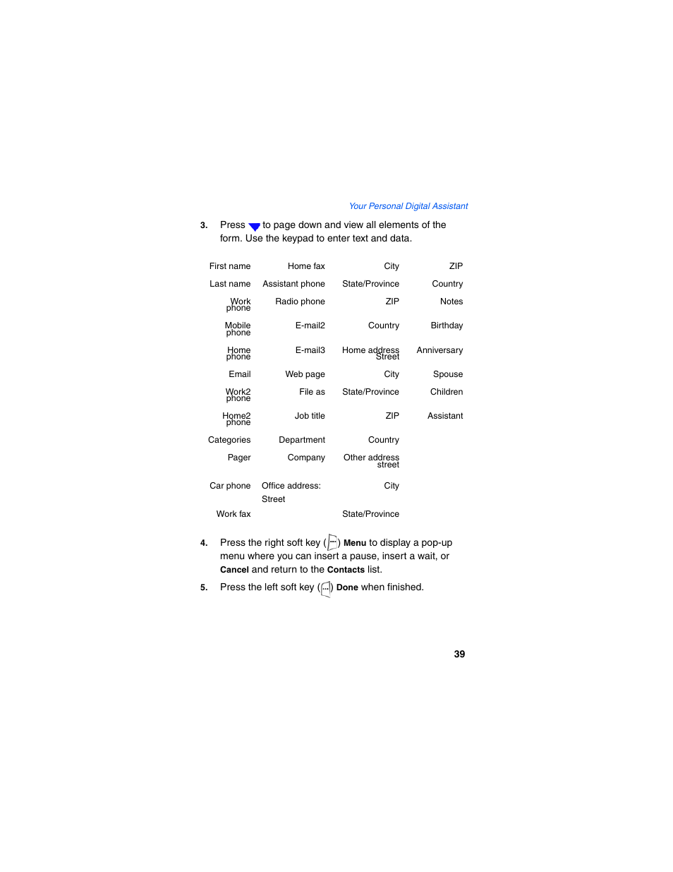 First name, Home fax, City | Last name, Assistant phone, State/province, Country, Work phone, Radio phone, Notes | Samsung SCH-I600MSAXAR User Manual | Page 47 / 132