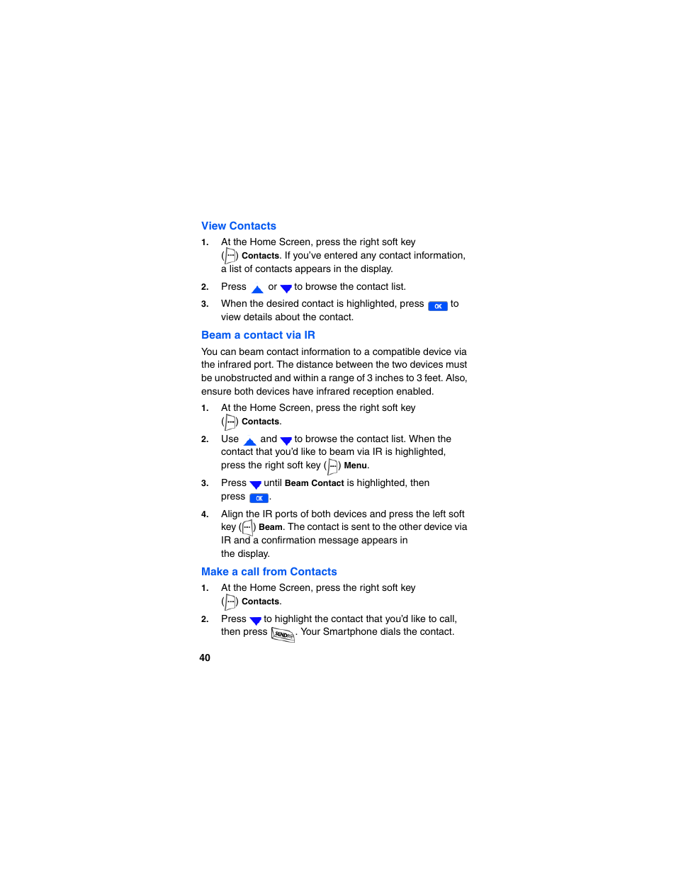 View contacts, Beam a contact via ir, Make a call from contacts | Samsung SCH-I600MSAXAR User Manual | Page 48 / 132