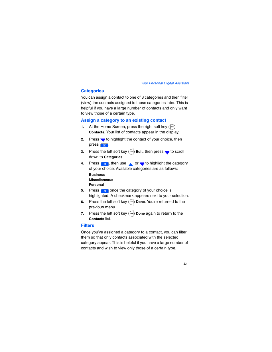 Categories, Assign a category to an existing contact, Filters | Samsung SCH-I600MSAXAR User Manual | Page 49 / 132