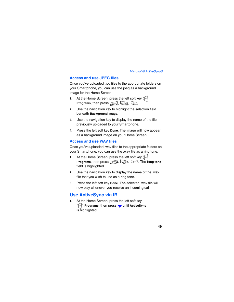 Access and use jpeg files, Access and use wav files, Use activesync via ir | Samsung SCH-I600MSAXAR User Manual | Page 57 / 132