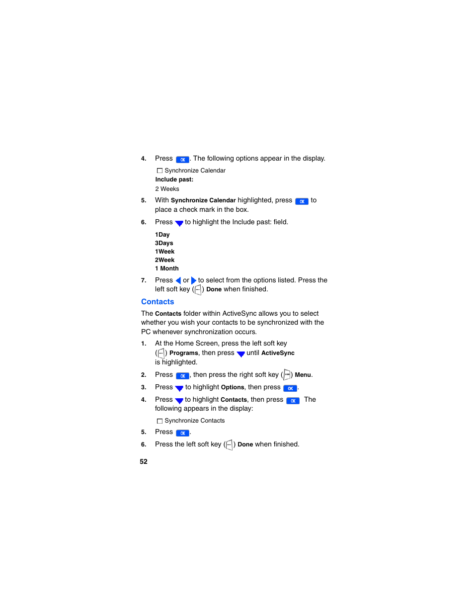 Synchronize calendar, Include past, 2 weeks | Contacts | Samsung SCH-I600MSAXAR User Manual | Page 60 / 132