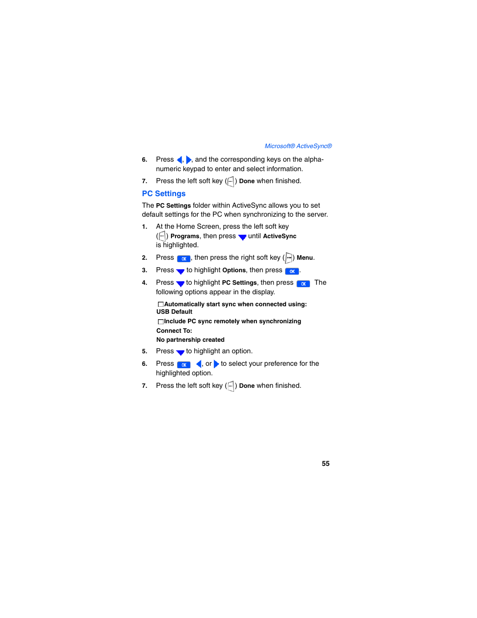 Pc settings, Include pc sync remotely when synchronizing, Connect to | No partnership created | Samsung SCH-I600MSAXAR User Manual | Page 63 / 132