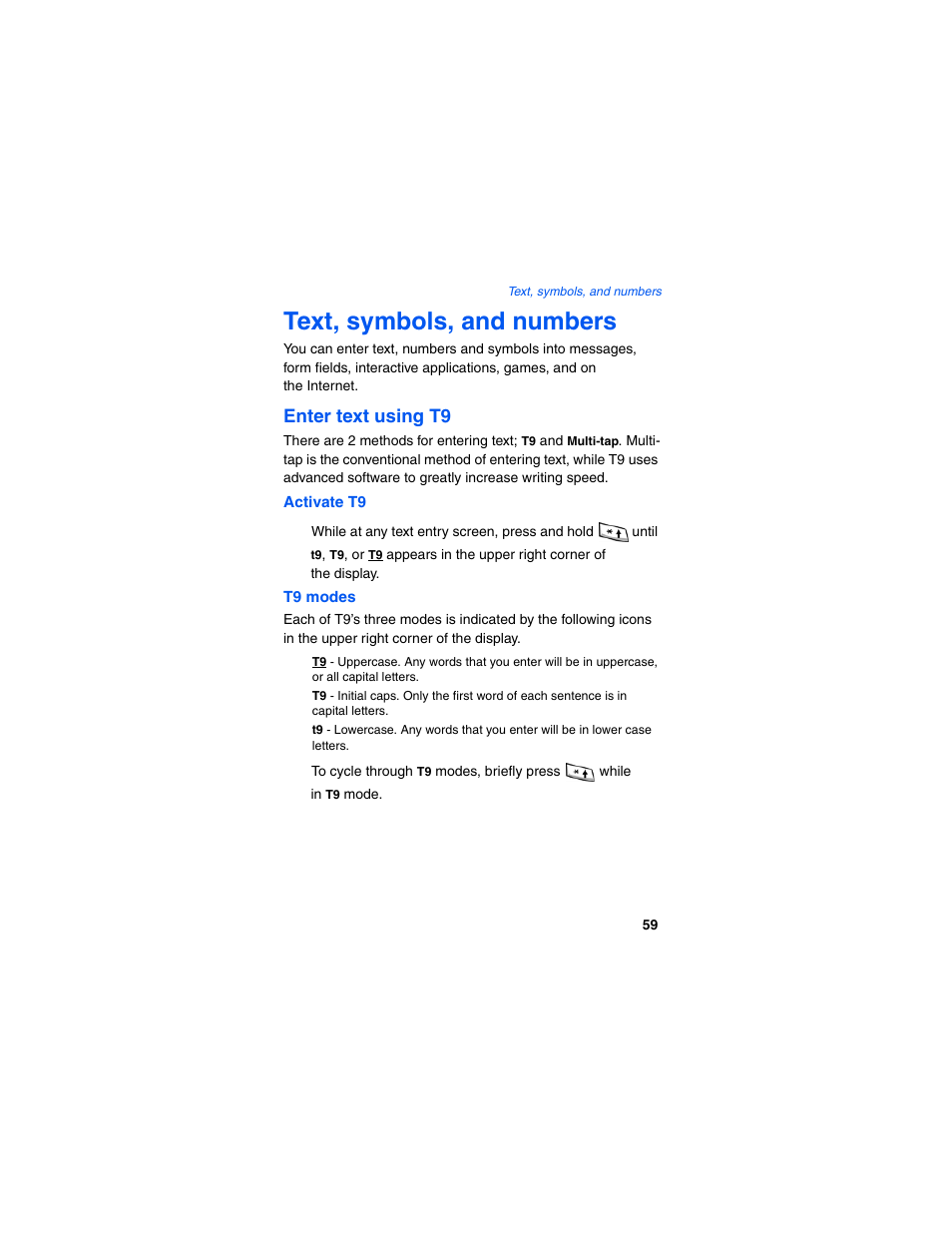 Activate t9, T9 modes, Text, symbols, and numbers | Enter text using t9 | Samsung SCH-I600MSAXAR User Manual | Page 67 / 132