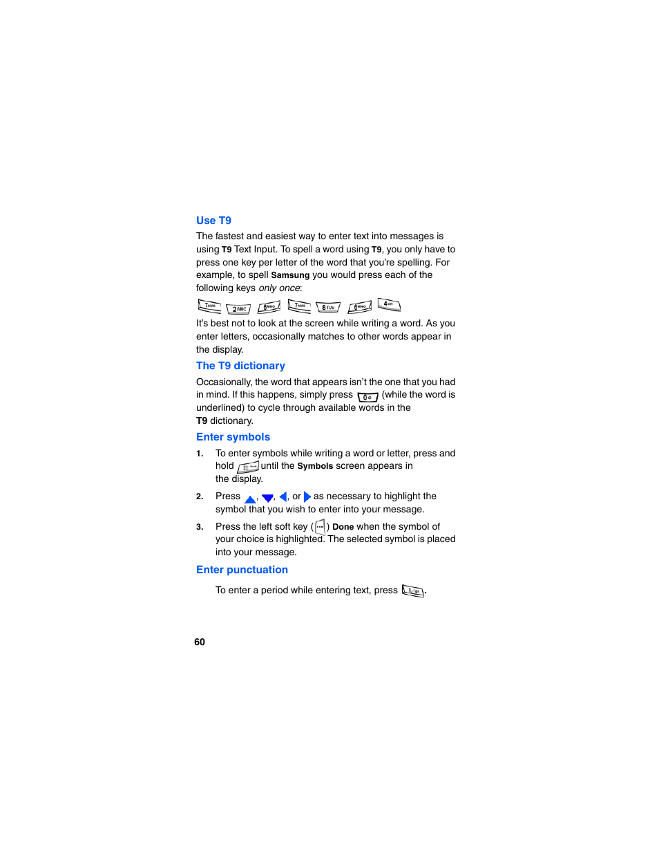 Use t9, The t9 dictionary, Enter symbols | Enter punctuation | Samsung SCH-I600MSAXAR User Manual | Page 68 / 132