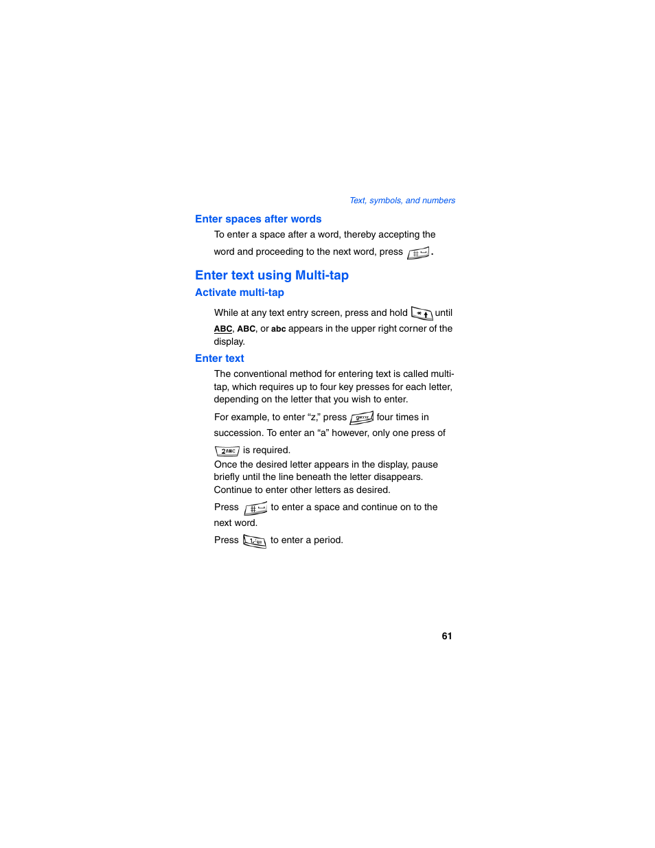 Enter spaces after words, Activate multi-tap, Enter text | Enter text using multi-tap | Samsung SCH-I600MSAXAR User Manual | Page 69 / 132