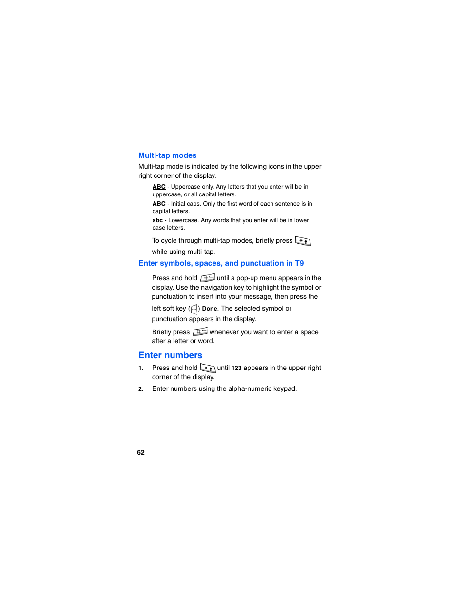 Multi-tap modes, Enter symbols, spaces, and punctuation in t9, Enter numbers | Samsung SCH-I600MSAXAR User Manual | Page 70 / 132