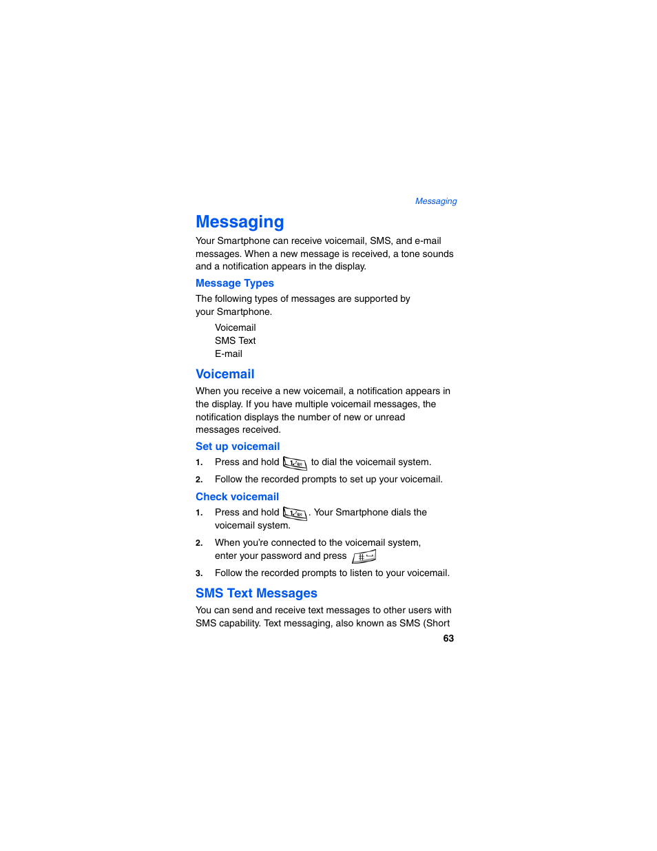 Message types, Set up voicemail, Check voicemail | Messaging, Voicemail, Sms text messages | Samsung SCH-I600MSAXAR User Manual | Page 71 / 132