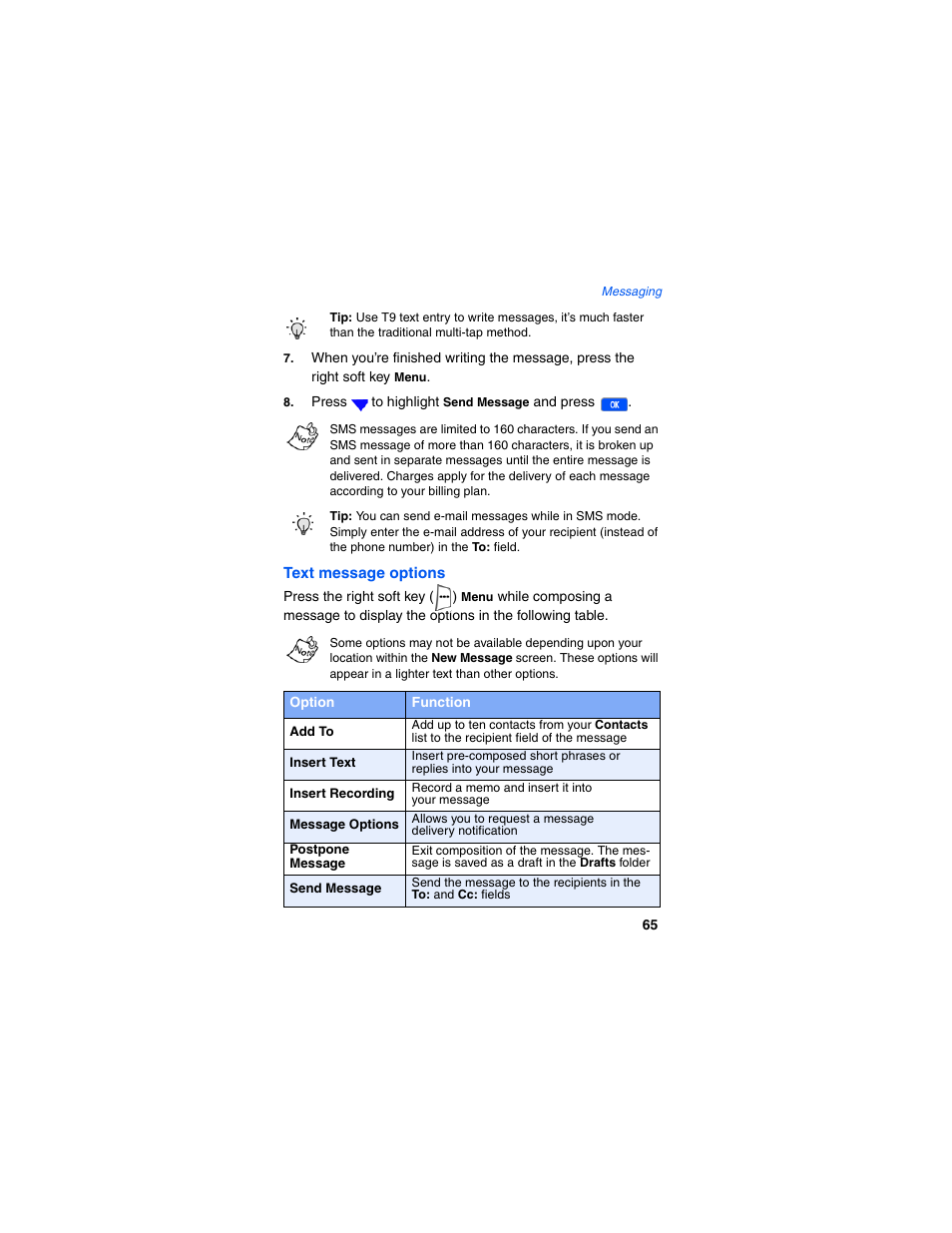 Text message options | Samsung SCH-I600MSAXAR User Manual | Page 73 / 132