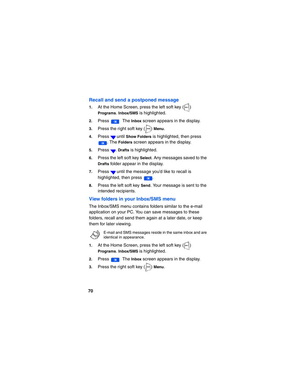 Recall and send a postponed message, View folders in your inbox/sms menu | Samsung SCH-I600MSAXAR User Manual | Page 78 / 132