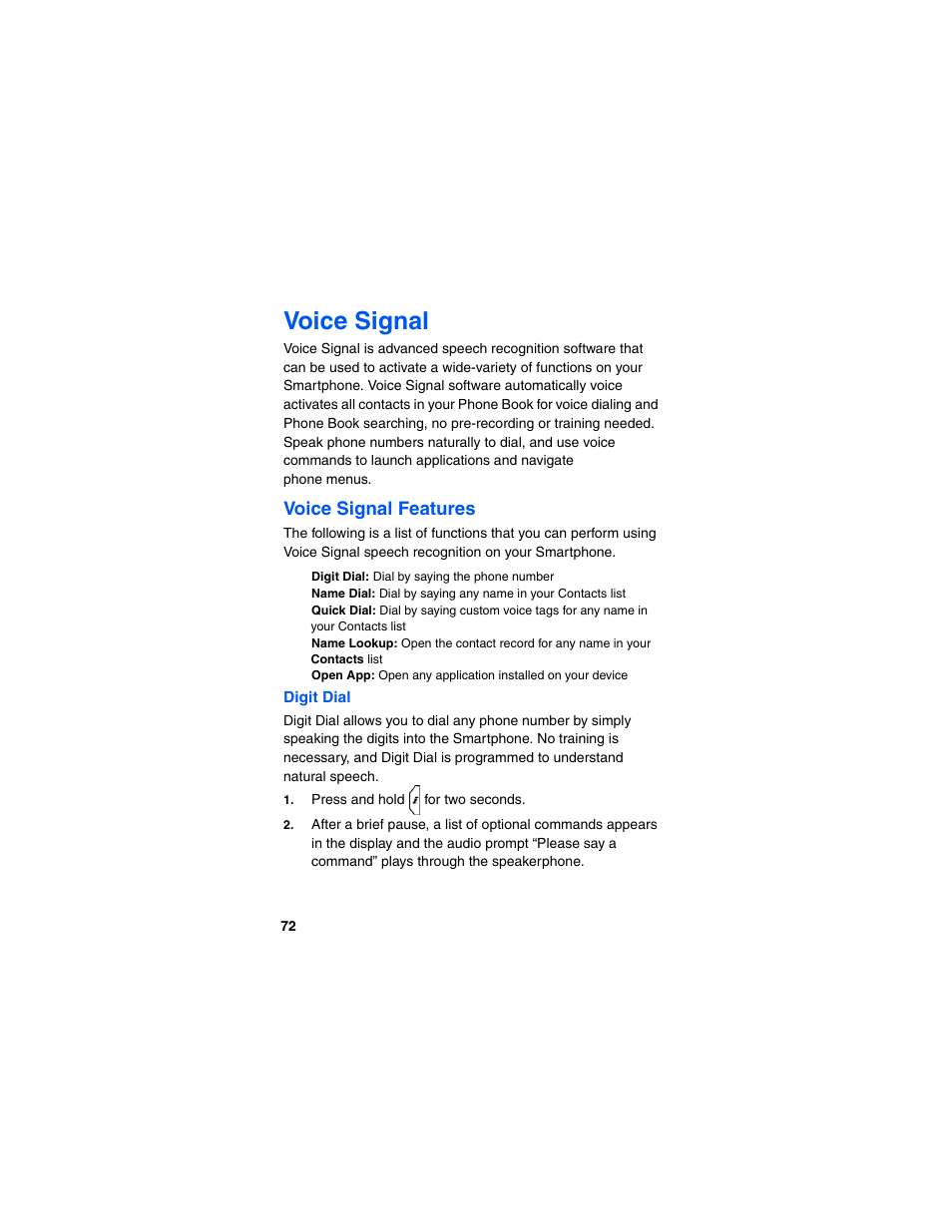 Digit dial, Voice signal, Voice signal features | Samsung SCH-I600MSAXAR User Manual | Page 80 / 132