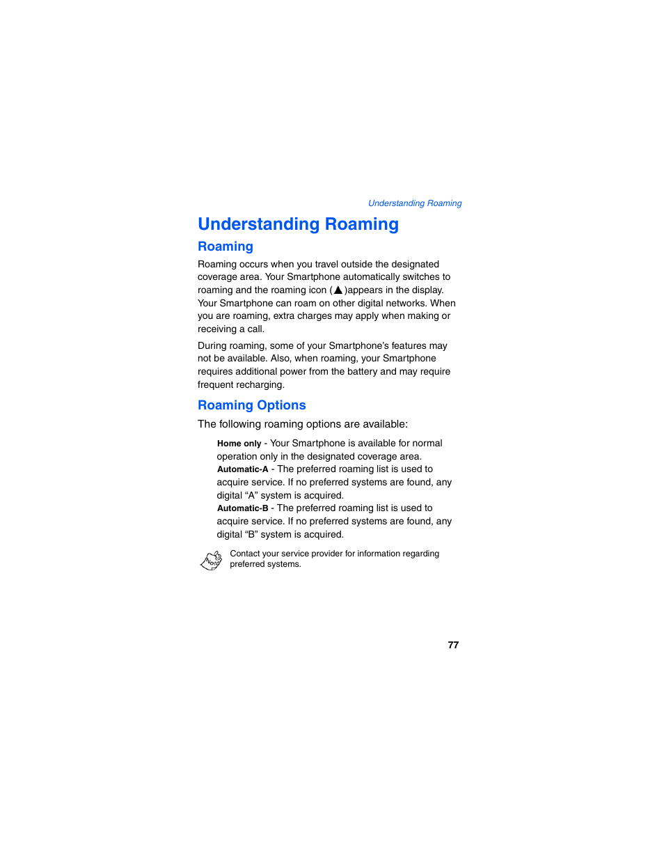 Understanding roaming, Roaming, Roaming options | Samsung SCH-I600MSAXAR User Manual | Page 85 / 132