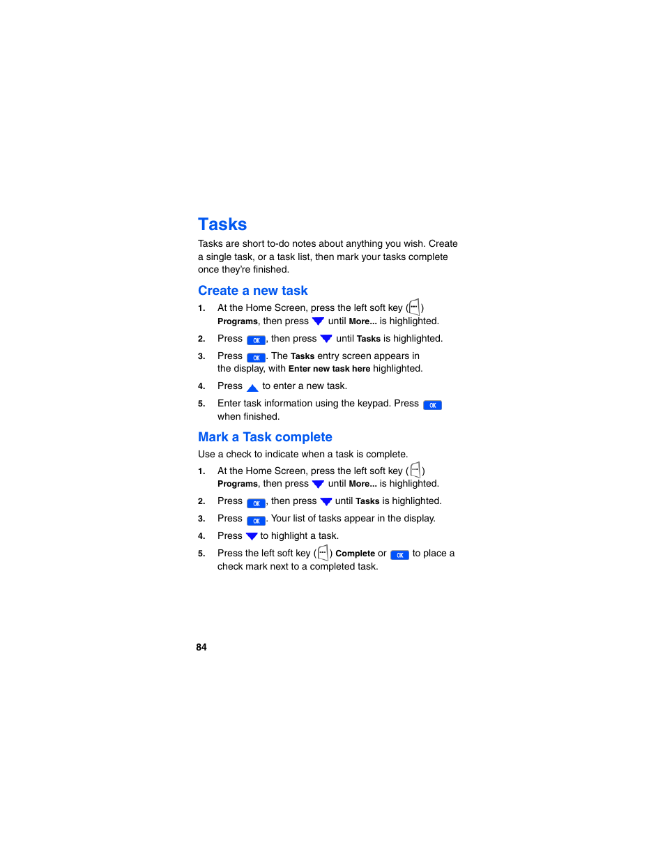 Tasks, Create a new task, Mark a task complete | Samsung SCH-I600MSAXAR User Manual | Page 92 / 132