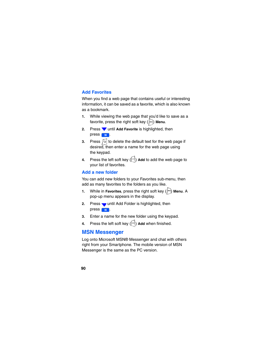 Add favorites, Add a new folder, Msn messenger | Samsung SCH-I600MSAXAR User Manual | Page 98 / 132