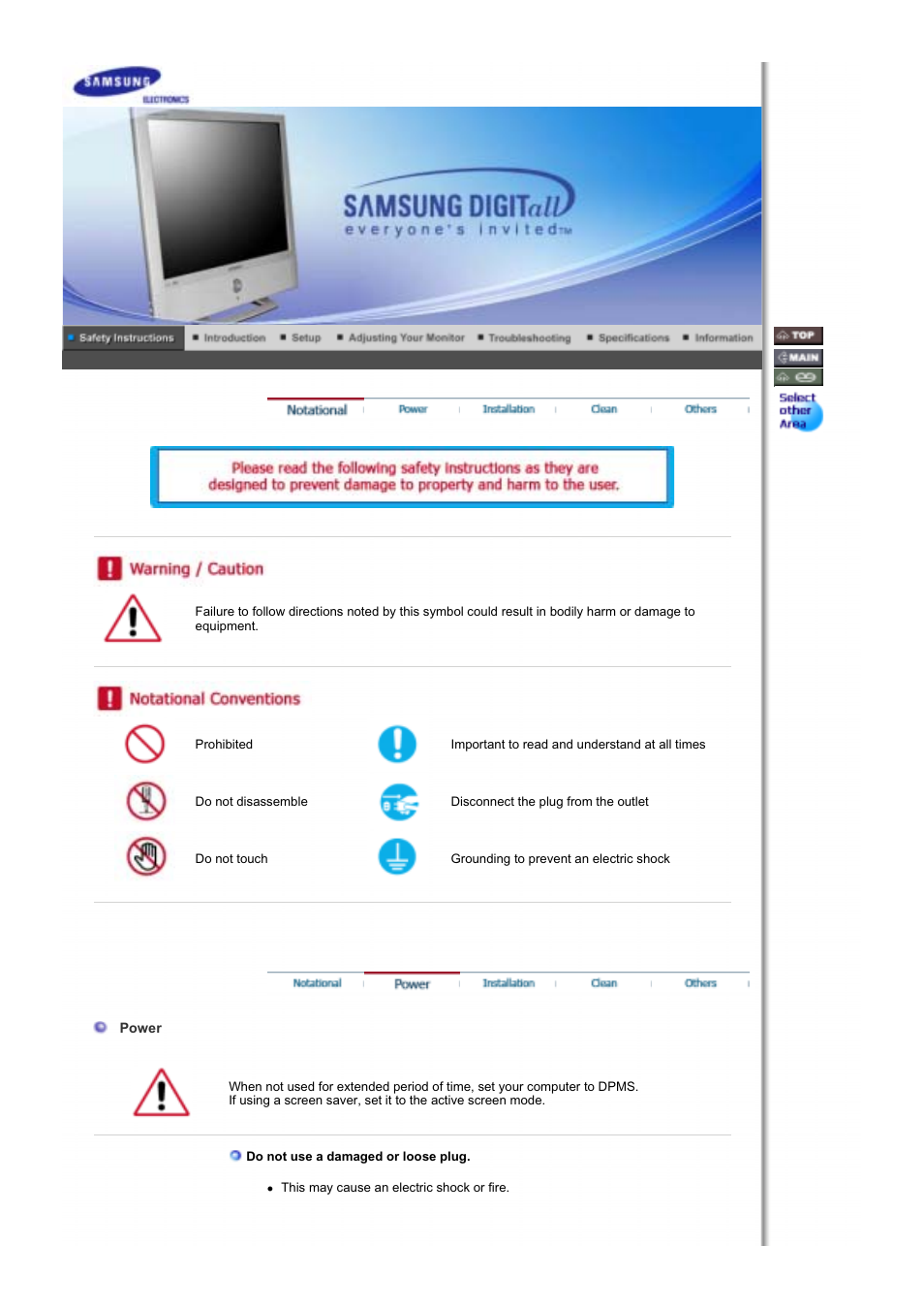 Safety instructions, Notational, Power | Samsung RT19FSSS User Manual | Page 2 / 61