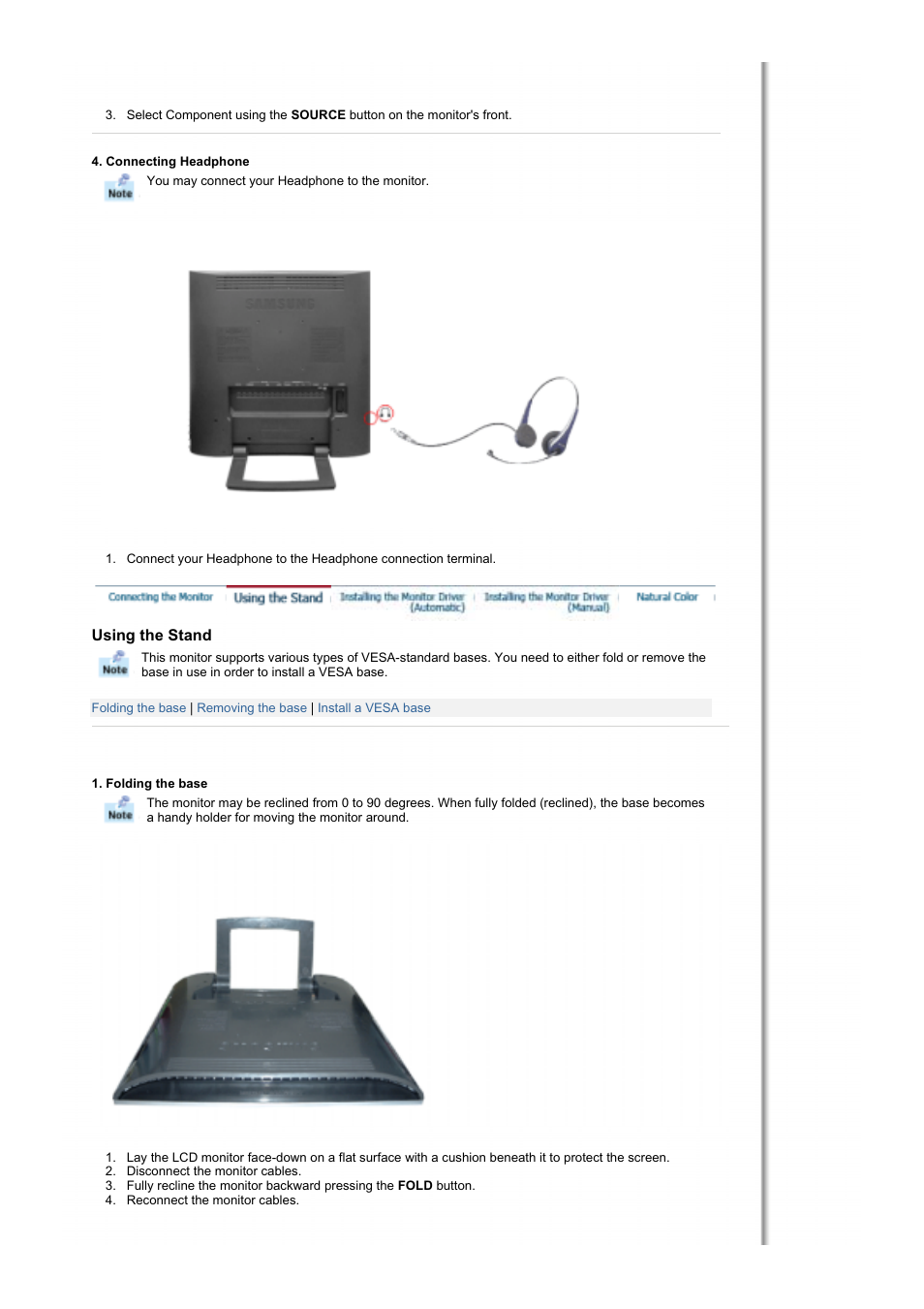 Connecting headphone, Using the stand, Folding the base | Samsung RT19FSSS User Manual | Page 21 / 61