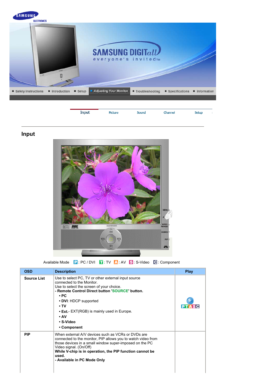 Adjusting your monitor, Input | Samsung RT19FSSS User Manual | Page 30 / 61