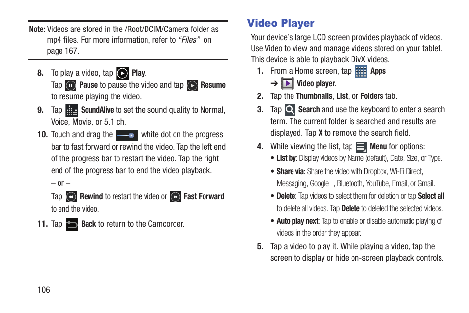 Video player, Et. for | Samsung SGH-T859UWBTMB User Manual | Page 110 / 301