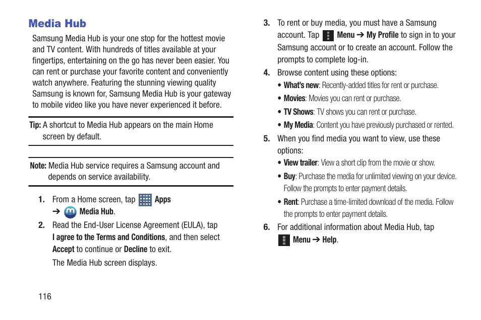 Media hub, Re. for more | Samsung SGH-T859UWBTMB User Manual | Page 120 / 301