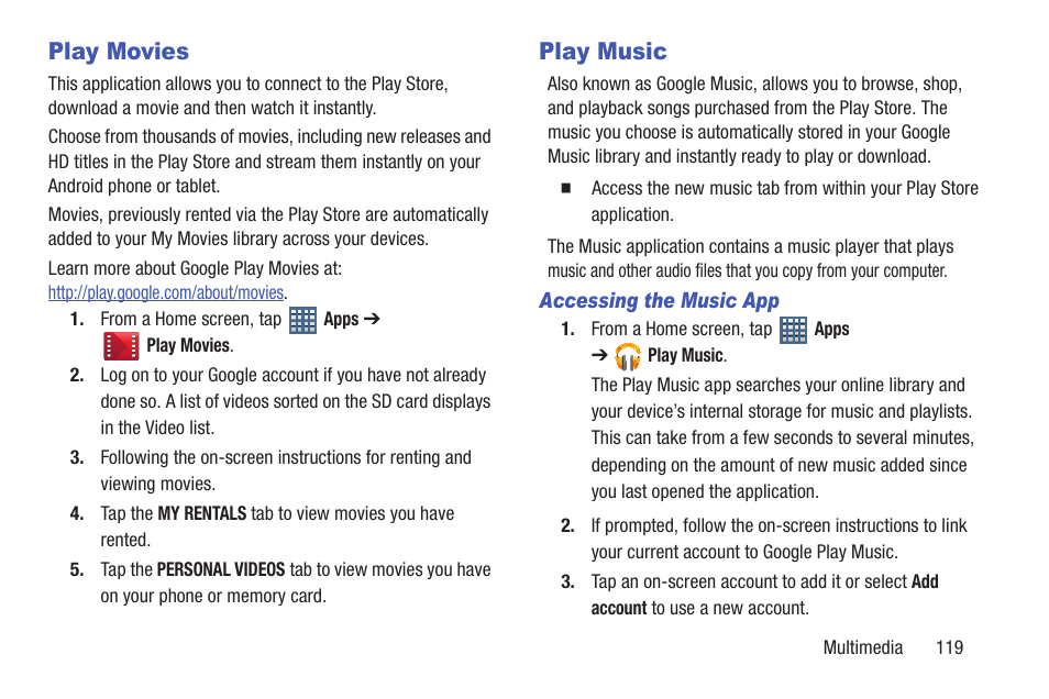 Play movies, Play music, Play movies play music | Samsung SGH-T859UWBTMB User Manual | Page 123 / 301