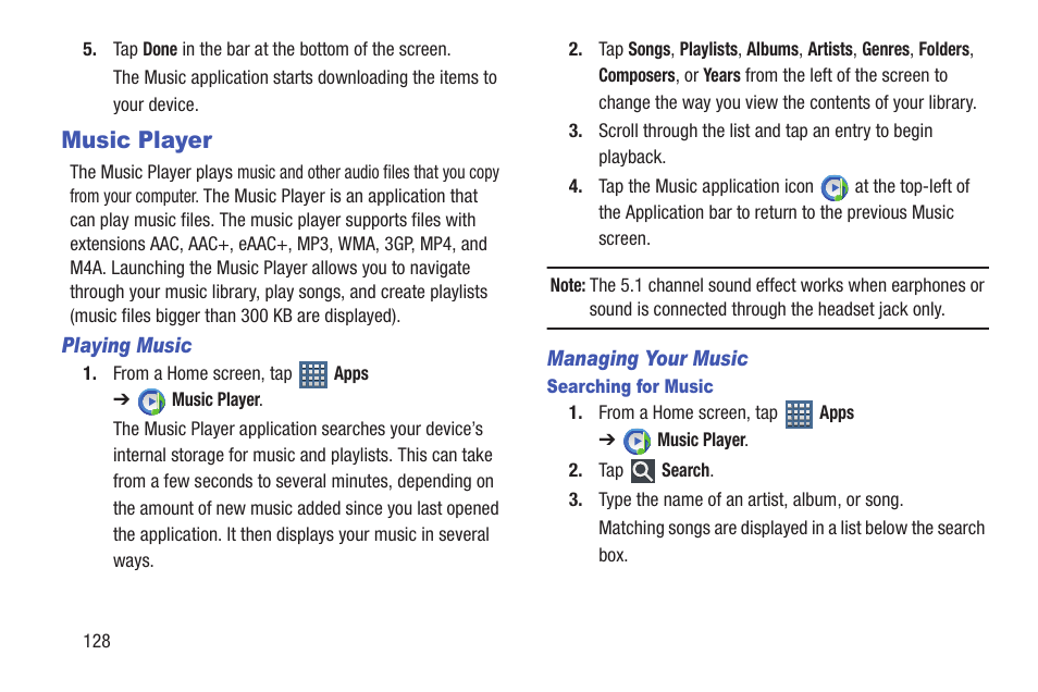 Music player, Sts. for more information, refer to “music | Samsung SGH-T859UWBTMB User Manual | Page 132 / 301