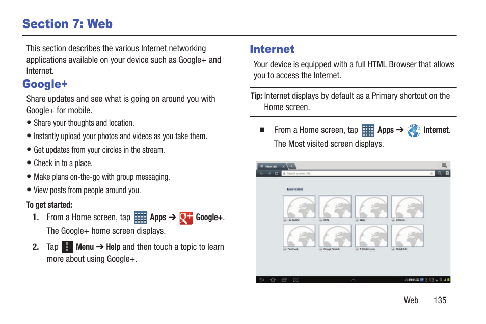 Section 7: web, Google, Internet | Google+ internet, For more | Samsung SGH-T859UWBTMB User Manual | Page 139 / 301