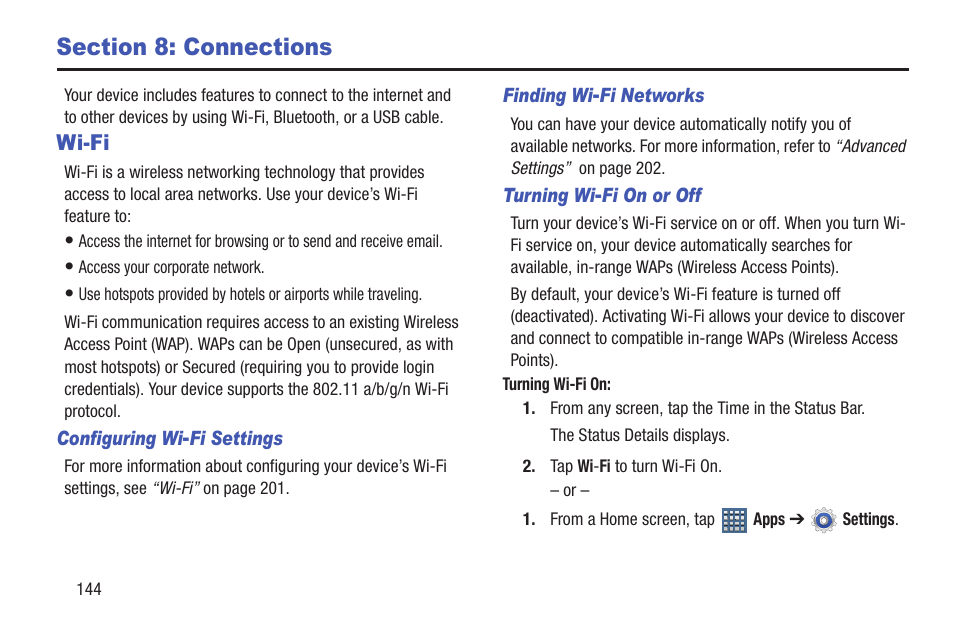 Section 8: connections, Wi-fi | Samsung SGH-T859UWBTMB User Manual | Page 148 / 301