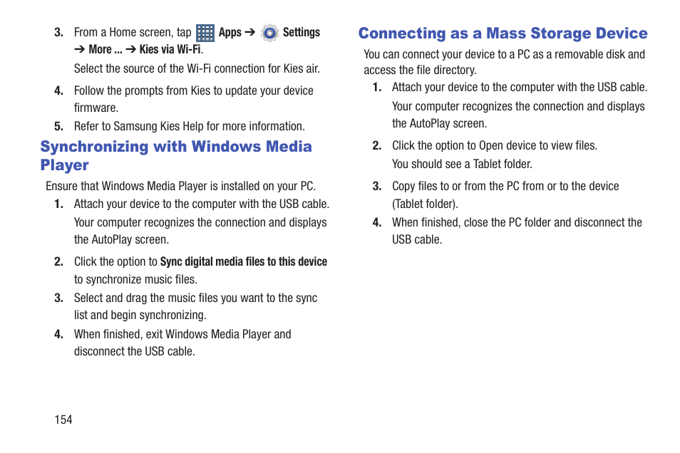 Synchronizing with windows media player, Connecting as a mass storage device | Samsung SGH-T859UWBTMB User Manual | Page 158 / 301