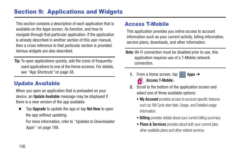 Section 9: applications and widgets, Update available, Access t-mobile | Update available access t-mobile | Samsung SGH-T859UWBTMB User Manual | Page 160 / 301