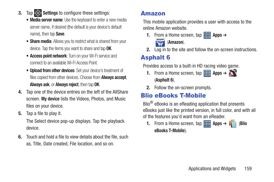 Amazon, Asphalt 6, Blio ebooks t-mobile | Amazon asphalt 6 blio ebooks t-mobile | Samsung SGH-T859UWBTMB User Manual | Page 163 / 301