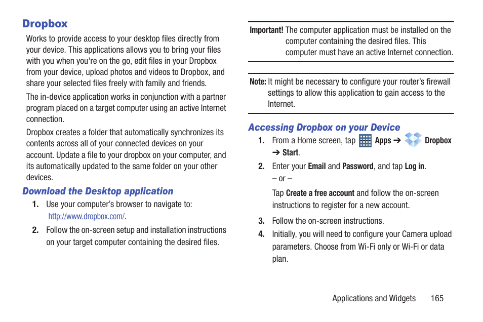 Dropbox, For more information, refer to “dropbox” on | Samsung SGH-T859UWBTMB User Manual | Page 169 / 301