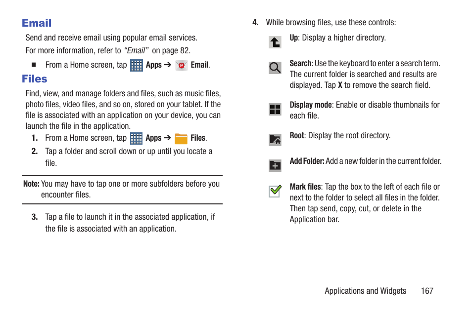 Email, Files, Email files | Samsung SGH-T859UWBTMB User Manual | Page 171 / 301